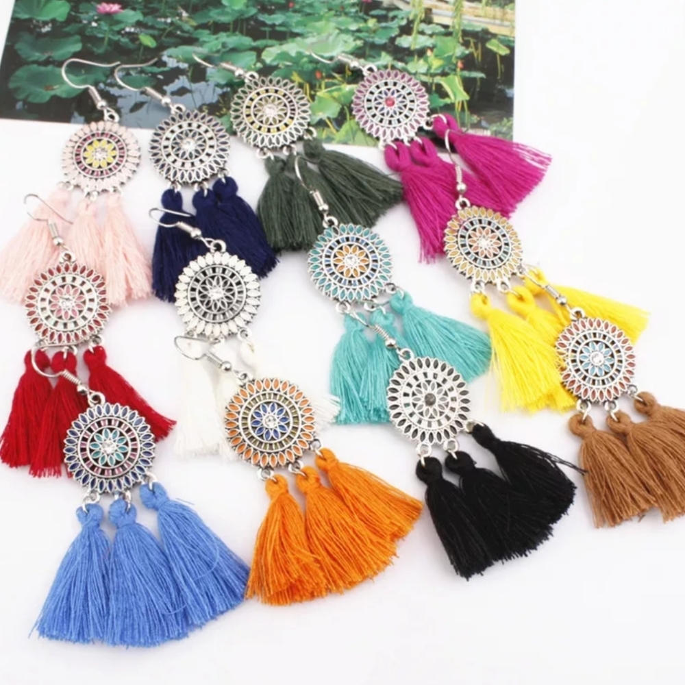Western Tribal Tassel Dangling Earrings - Picture 2 of 3